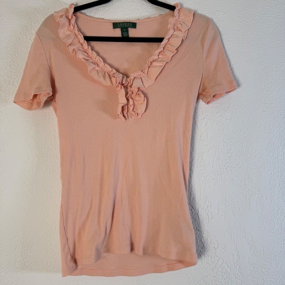 Ralph Lauren Women's S 100% Cotton Peach Ribbed Ruffle V-Neck Short Sleeve Top